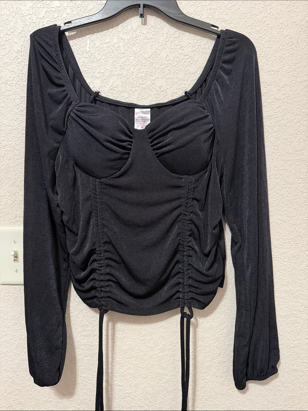 No Boundaries Black Long-Sleeve Ruched Tie Bust Top